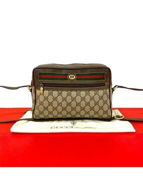 Gucci Vintage Sherry Line GG Logo Leather Shoulder Bag Brown